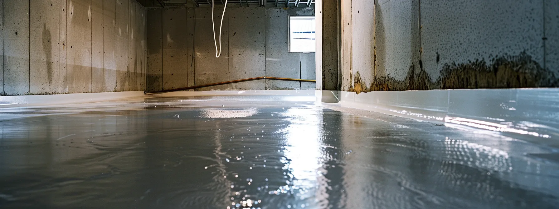 a brightly lit residential basement showcases a professional waterproofing process, featuring exposed concrete walls, a contractor sealing cracks with hydraulic cement, and a newly installed french drain, all highlighting the proactive measures taken against mold and moisture.