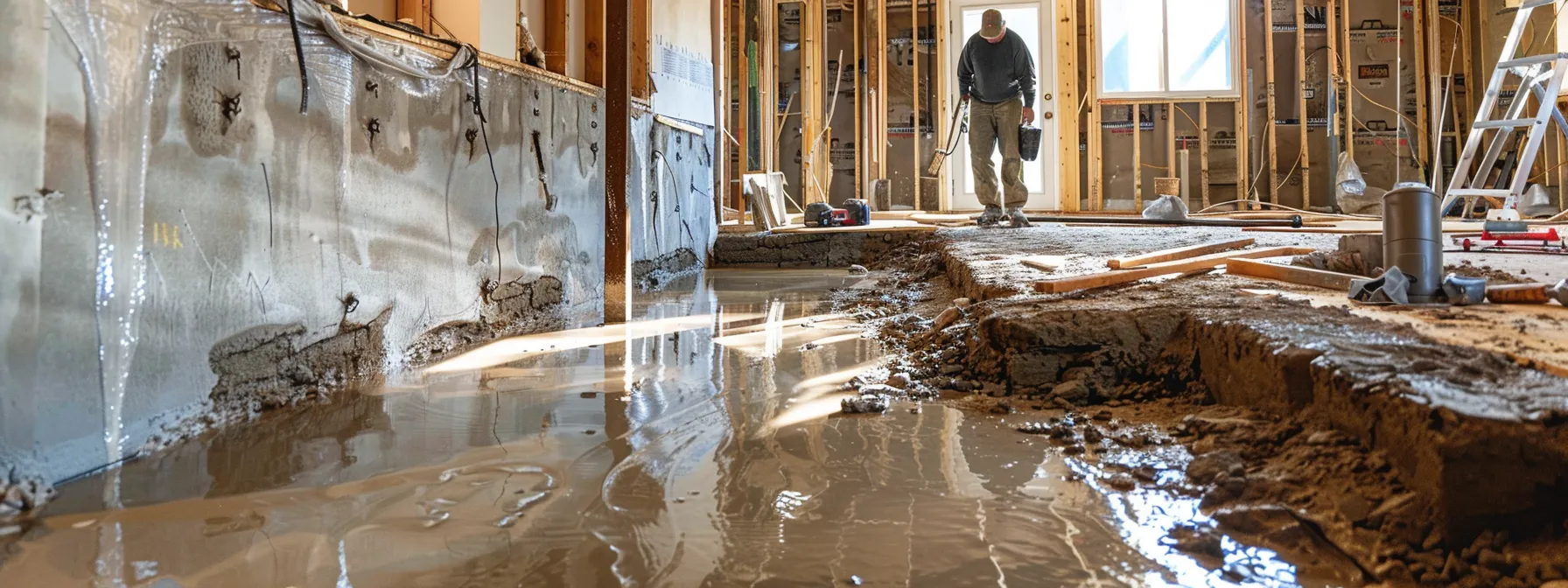 a professional basement waterproofing scene showcases contractors applying waterproofing membranes to exposed concrete walls, sealing cracks with hydraulic cement, and preparing to install a french drain, all within a well-lit, clean workspace featuring a ready-to-install sump pump.