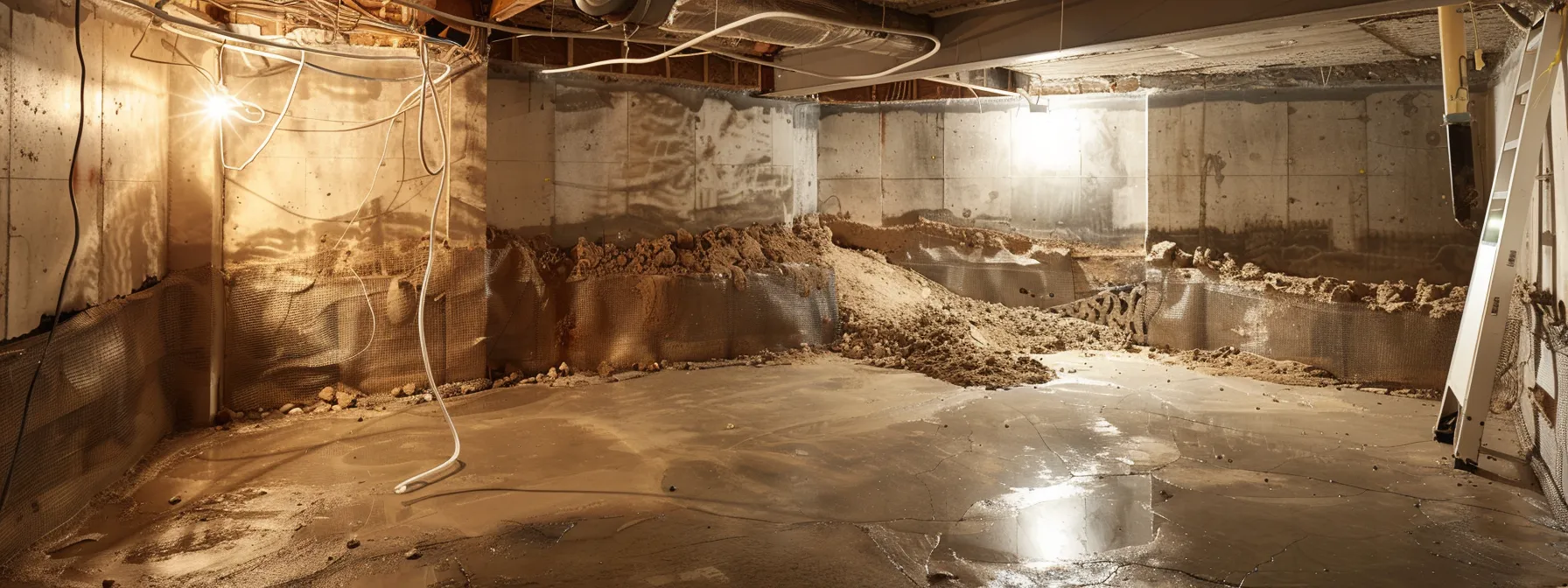 a well-lit residential basement showcases a professional waterproofing process, with exposed concrete walls, a contractor applying hydraulic cement to seal cracks, and a french drain being installed along the perimeter, all highlighting the importance of moisture control to prevent mold growth.