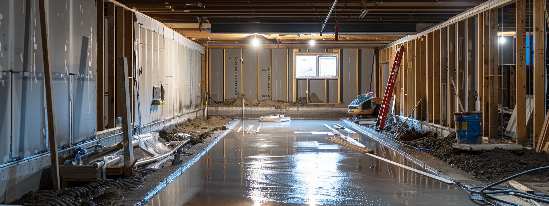 a well-lit residential basement showcases a professional waterproofing process, featuring exposed concrete walls as contractors skillfully apply waterproofing membranes and install a french drain while a sump pump awaits installation in a clean and organized workspace.