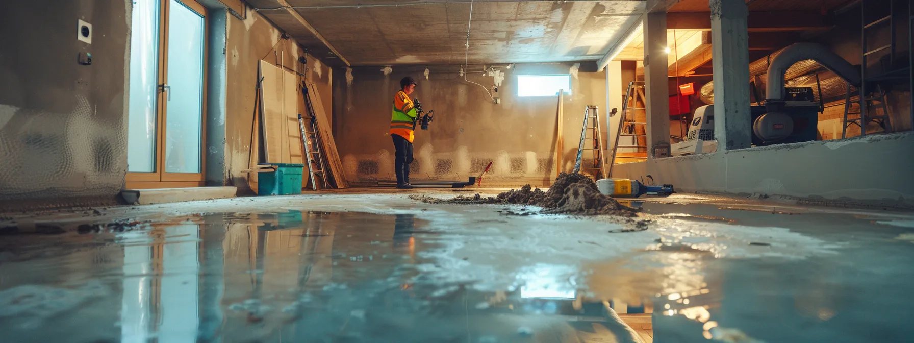 a well-lit residential basement showcases the waterproofing process, featuring exposed concrete walls and flooring, where a contractor in safety gear diligently seals cracks while another installs a french drain, with a sump pump poised for installation in the corner, all emphasizing a clean and professional workspace.