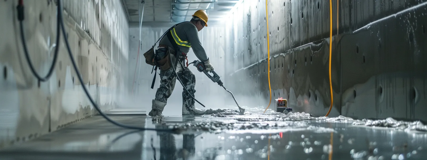 a well-lit basement waterproofing scene showcases a contractor in safety gear applying hydraulic cement to seal cracks while another installs a french drain along the concrete walls, all within a clean, professional workspace.