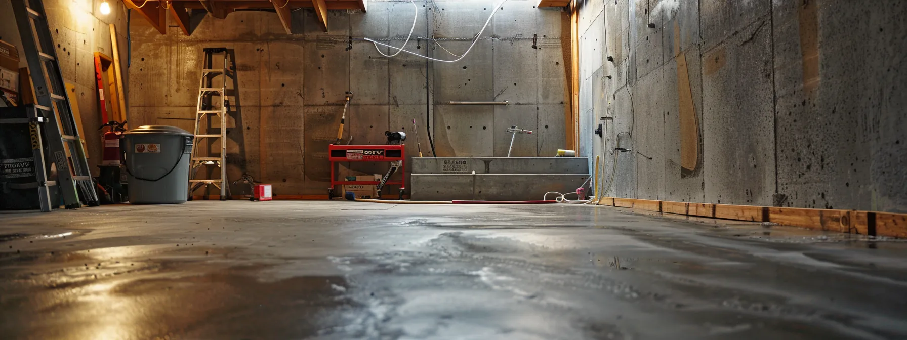 a well-lit basement showcases a professional waterproofing process, featuring exposed concrete walls, a contractor applying hydraulic cement to seal cracks, and another installing a french drain, emphasizing a clean and organized workspace for effective mold prevention.
