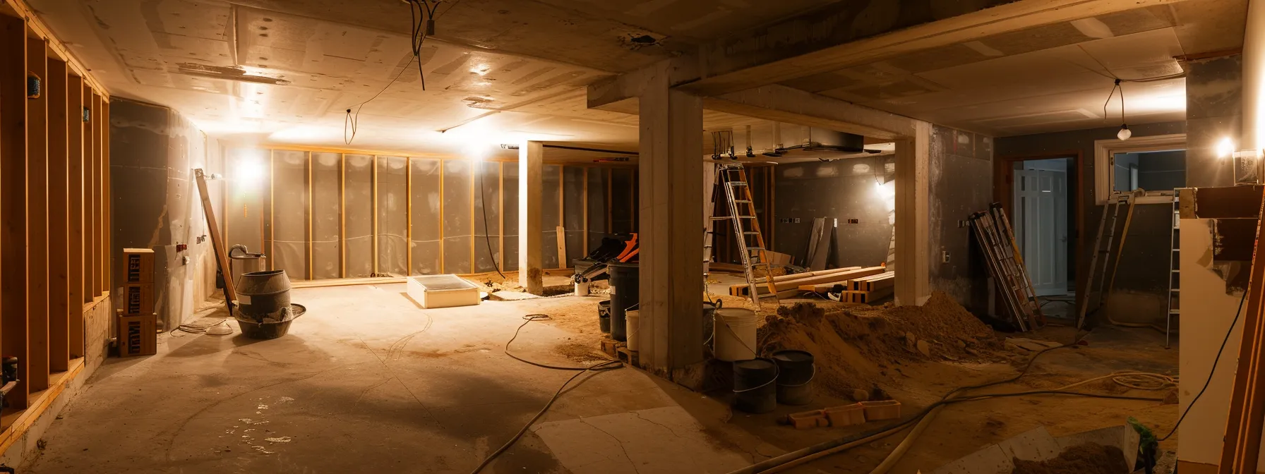 a well-lit residential basement showcases a professional waterproofing process, featuring exposed concrete walls as a contractor applies waterproof membranes, seals cracks with hydraulic cement, and installs a french drain, all within a clean and organized workspace.