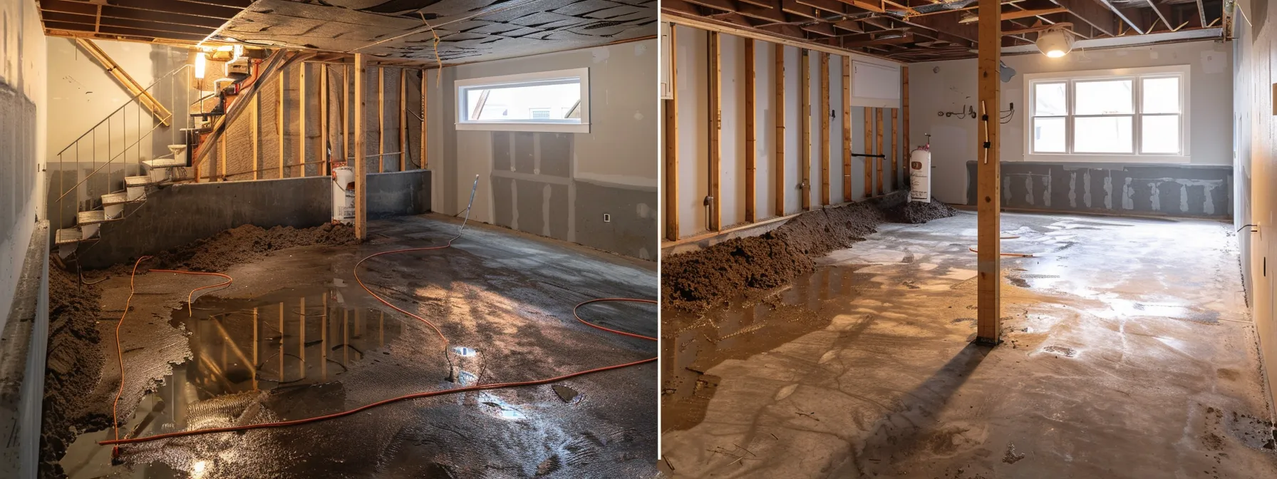 a well-lit residential basement showcases the waterproofing process, featuring exposed concrete walls, contractors applying waterproofing membranes, and a sump pump in preparation for installation.