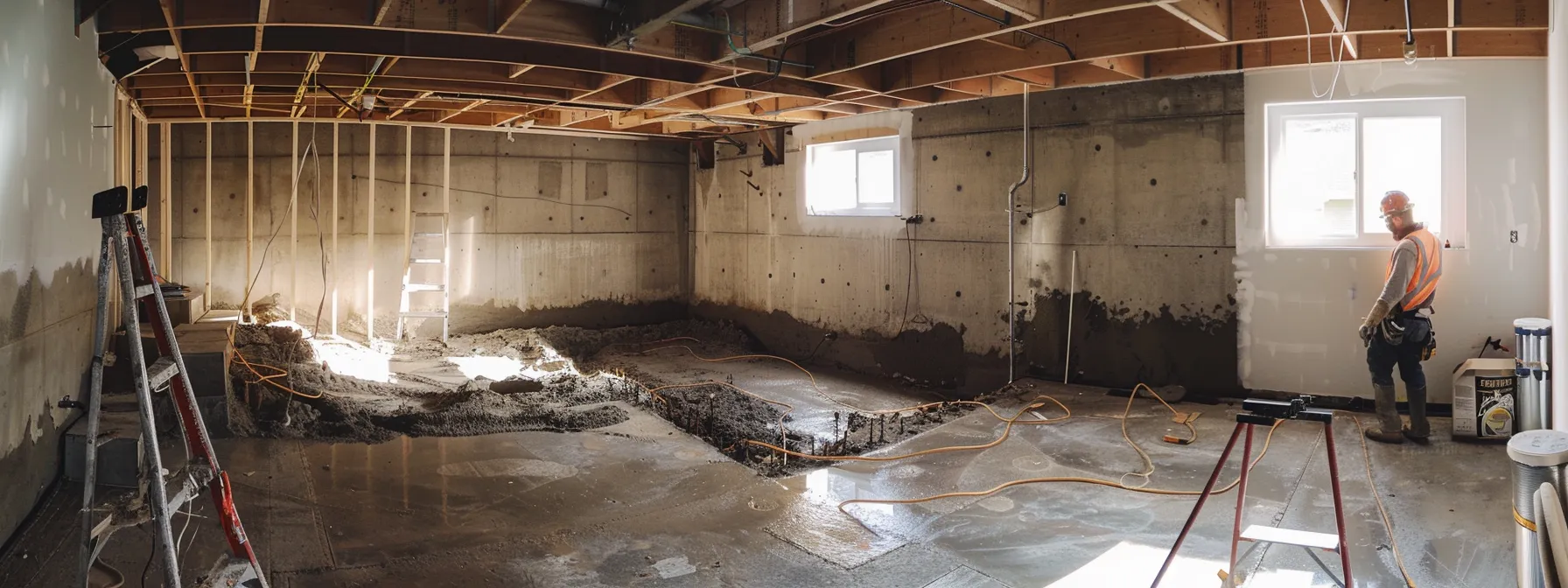 a well-lit residential basement showcases a waterproofing process featuring exposed concrete walls, as a contractor in safety gear skillfully applies hydraulic cement to seal cracks while a french drain is installed along the perimeter, emphasizing a clean and professional workspace dedicated to preventing mold growth.