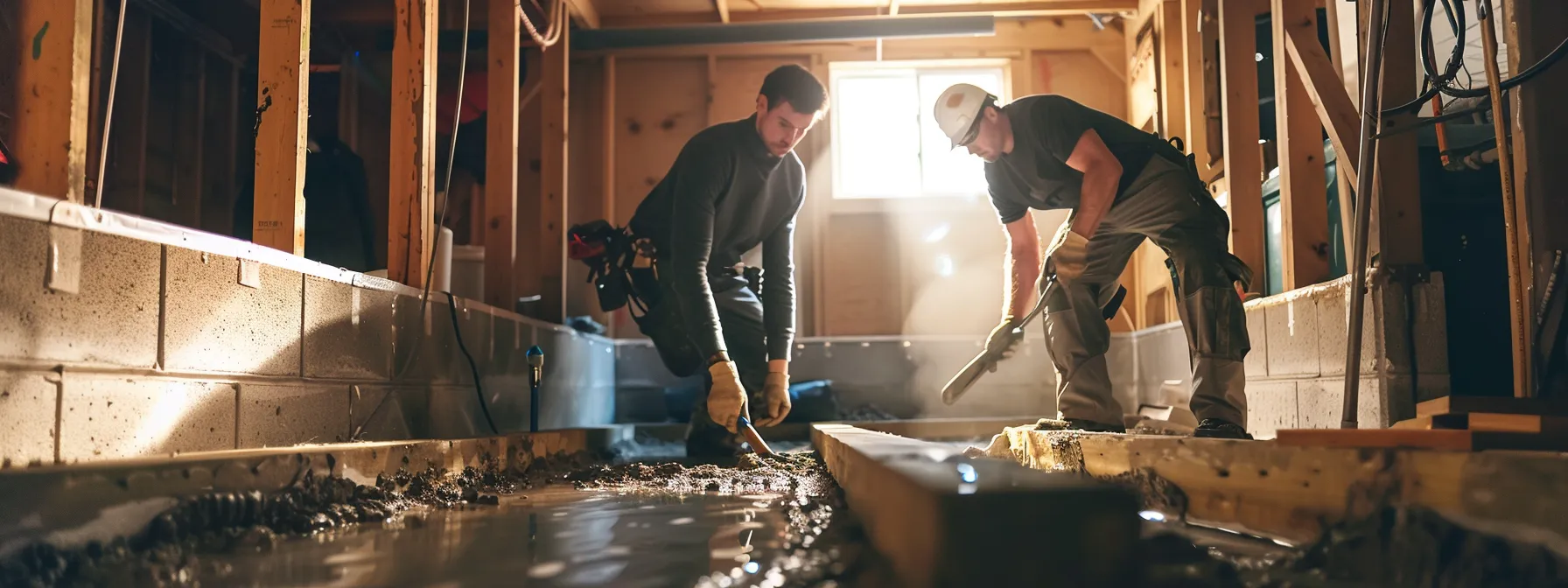 in a bright, professional basement environment, a dedicated contractor applies waterproofing membranes to exposed concrete walls while another expertly installs a french drain, emphasizing the meticulous process of safeguarding the home from water damage.