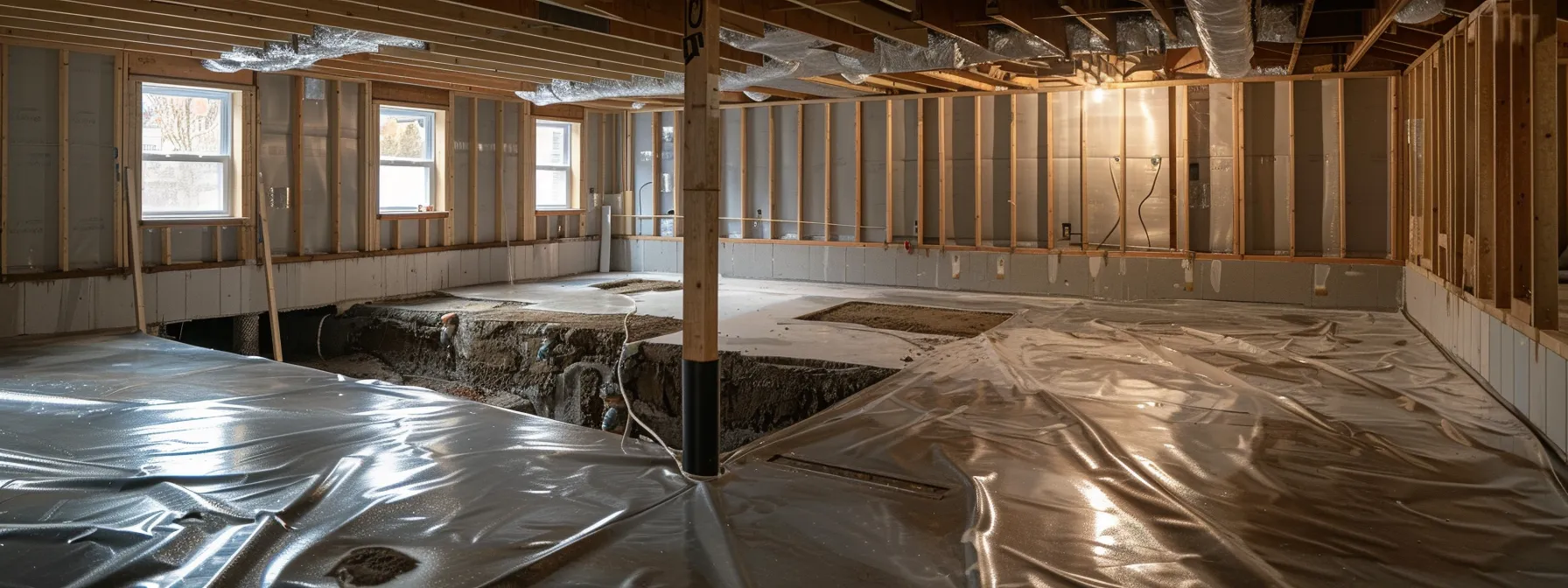 a well-lit basement showcases the waterproofing process, featuring exposed concrete walls and flooring, where a contractor in safety gear meticulously seals cracks with hydraulic cement while another installs a french drain, emphasizing the importance of professional mold remediation in rochester.