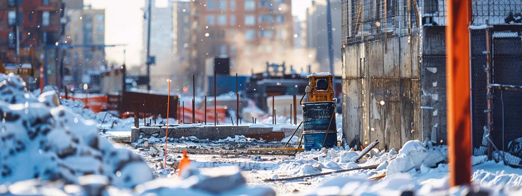 a close-up view of a robust foundation being waterproofed in a stark urban construction site, showcasing advanced durable materials designed for extreme cold, set against a backdrop of a snow-covered cityscape in rochester, highlighting the fight against harsh winter conditions.