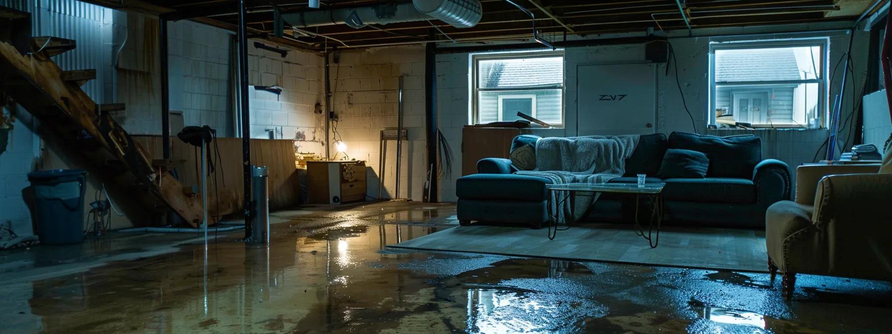 a stark, modern basement with visible signs of moisture issues, including damp walls and water stains, set against a backdrop of rochester's characteristic urban architecture, illuminated by artificial lighting to highlight the imperfections.