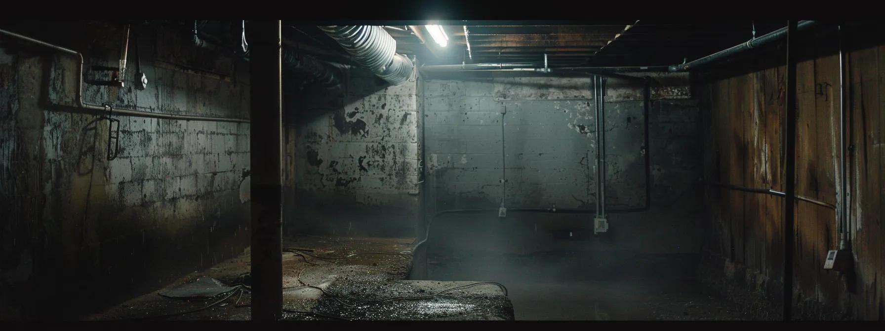 a dimly lit basement with clear signs of moisture, featuring damp concrete walls and a slight haze in the air, emphasizing the eerie atmosphere of potential mold growth.