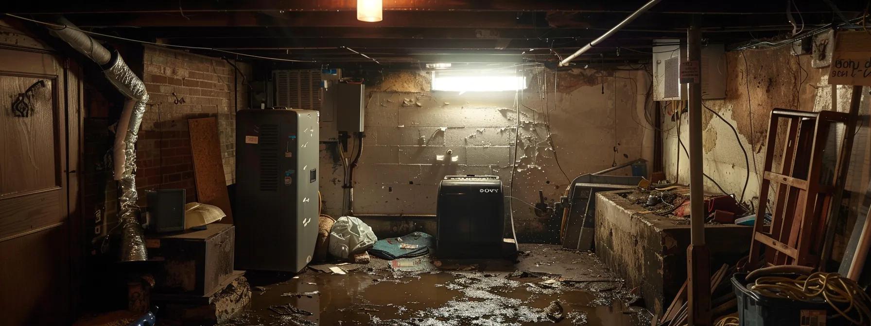a dimly lit, cluttered basement reveals water seeping through cracked walls, highlighting the potential structural damage and hazards posed by unaddressed leaks in a rochester property.