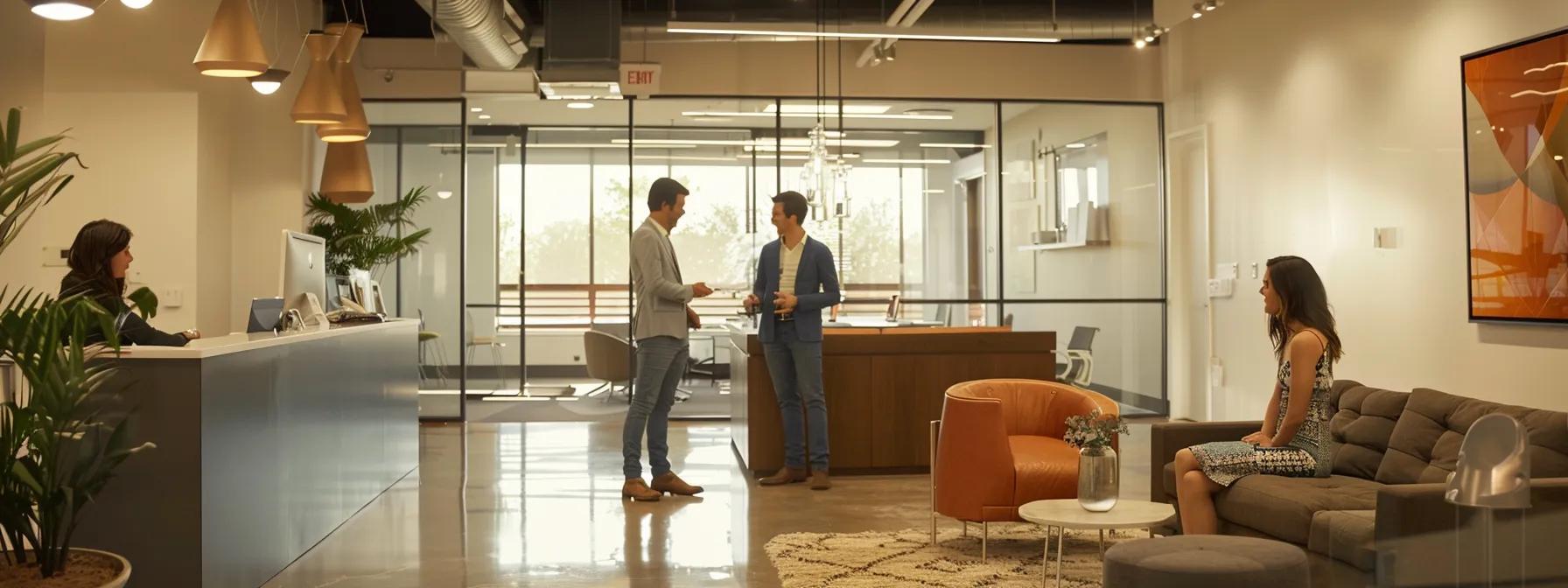a sleek, modern office environment showcases a confident professional discussing comprehensive waterproofing solutions with a satisfied client, highlighting the importance of selecting a reliable basement leak repair service.