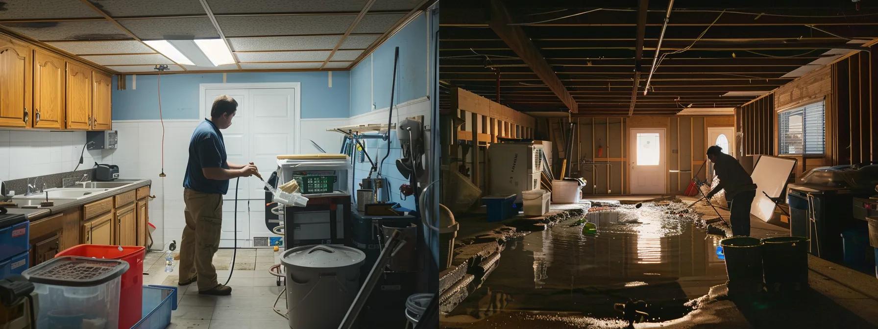 a dynamic split-image scene depicting a homeowner confidently applying diy basement waterproofing solutions on one side, contrasted with a professional contractor assessing a serious water issue in a poorly lit, cluttered basement on the other side, highlighting the dilemma between self-service and expert intervention.