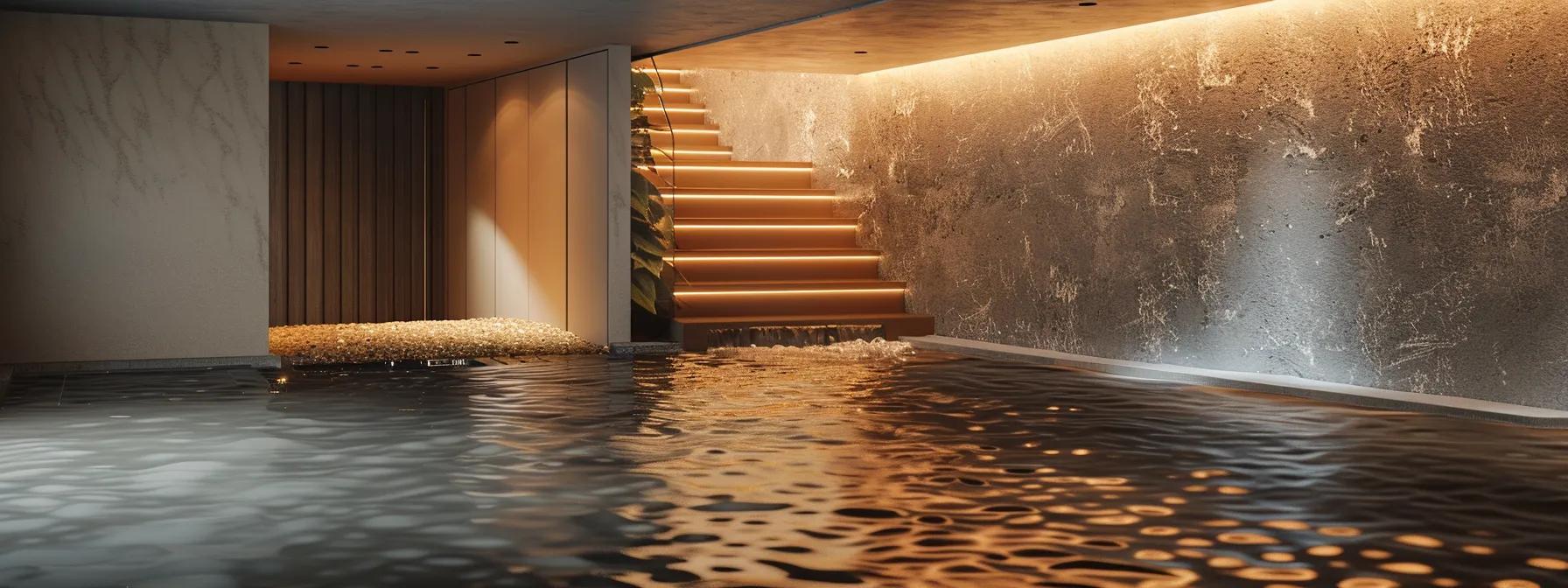 a detailed view of a modern, well-lit basement showcasing various interior waterproofing methods, including sleek drainage systems and water-resistant wall coatings, conveying a sense of protection and innovation against water infiltration.