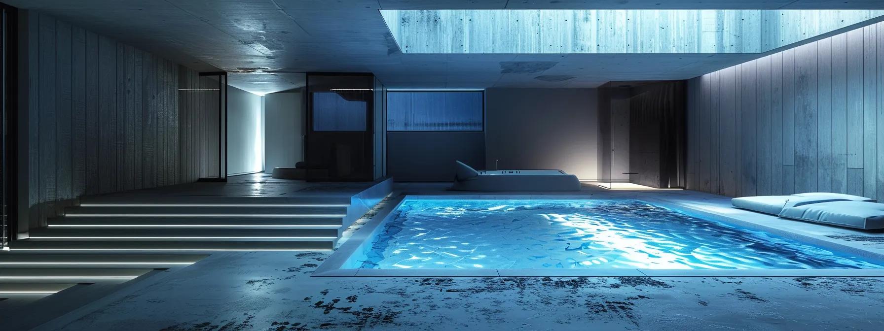 a sleek, modern basement interior showcasing high-tech waterproofing materials and equipment, illuminated by cool artificial lights that highlight the innovative technologies designed to combat moisture and enhance structural integrity.
