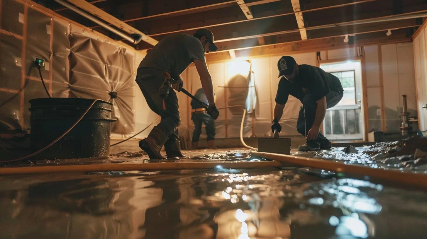 basement waterproofing team working