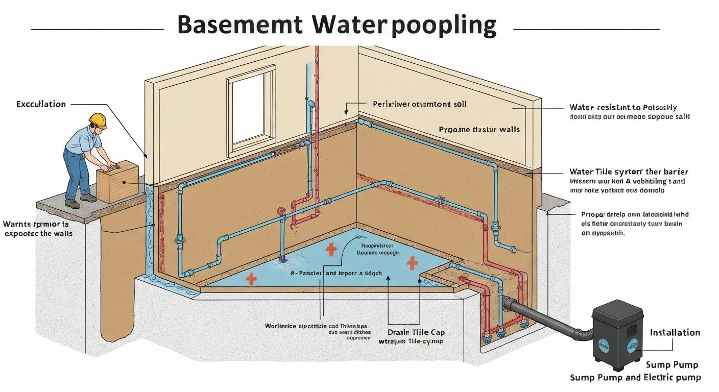 Illustration of effective basement waterproofing methods including drainage systems and excavation