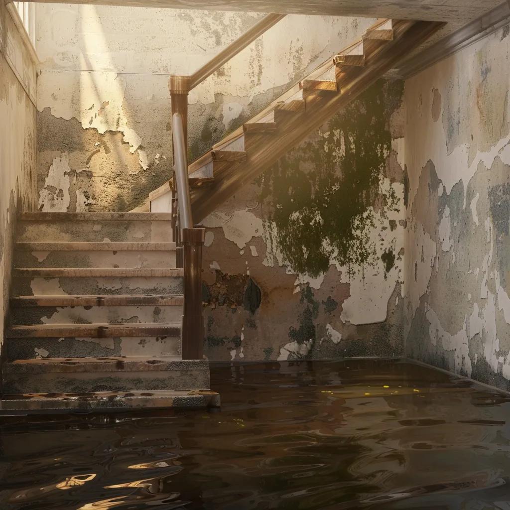 Consequences of water damage in a basement showing mold growth and damp flooring