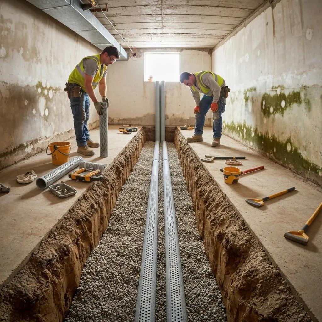 Installation of an interior drainage system in a basement, showcasing workers and materials involved in moisture control