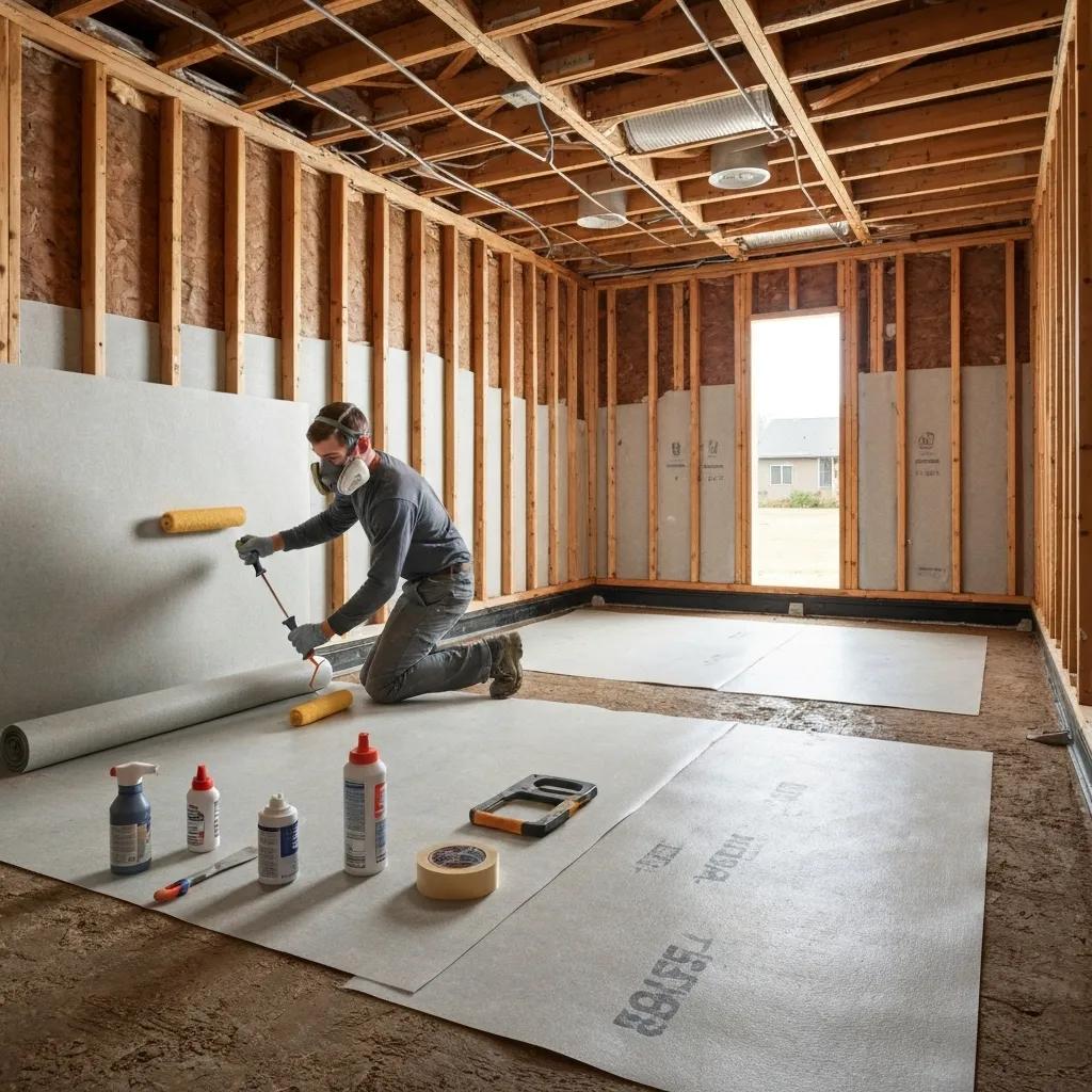 Technician performing crawl space encapsulation by applying vapor barriers, highlighting moisture control techniques