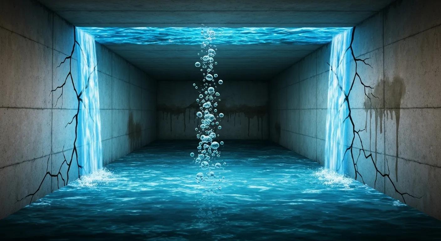 Illustration of hydrostatic pressure causing water intrusion in a basement foundation